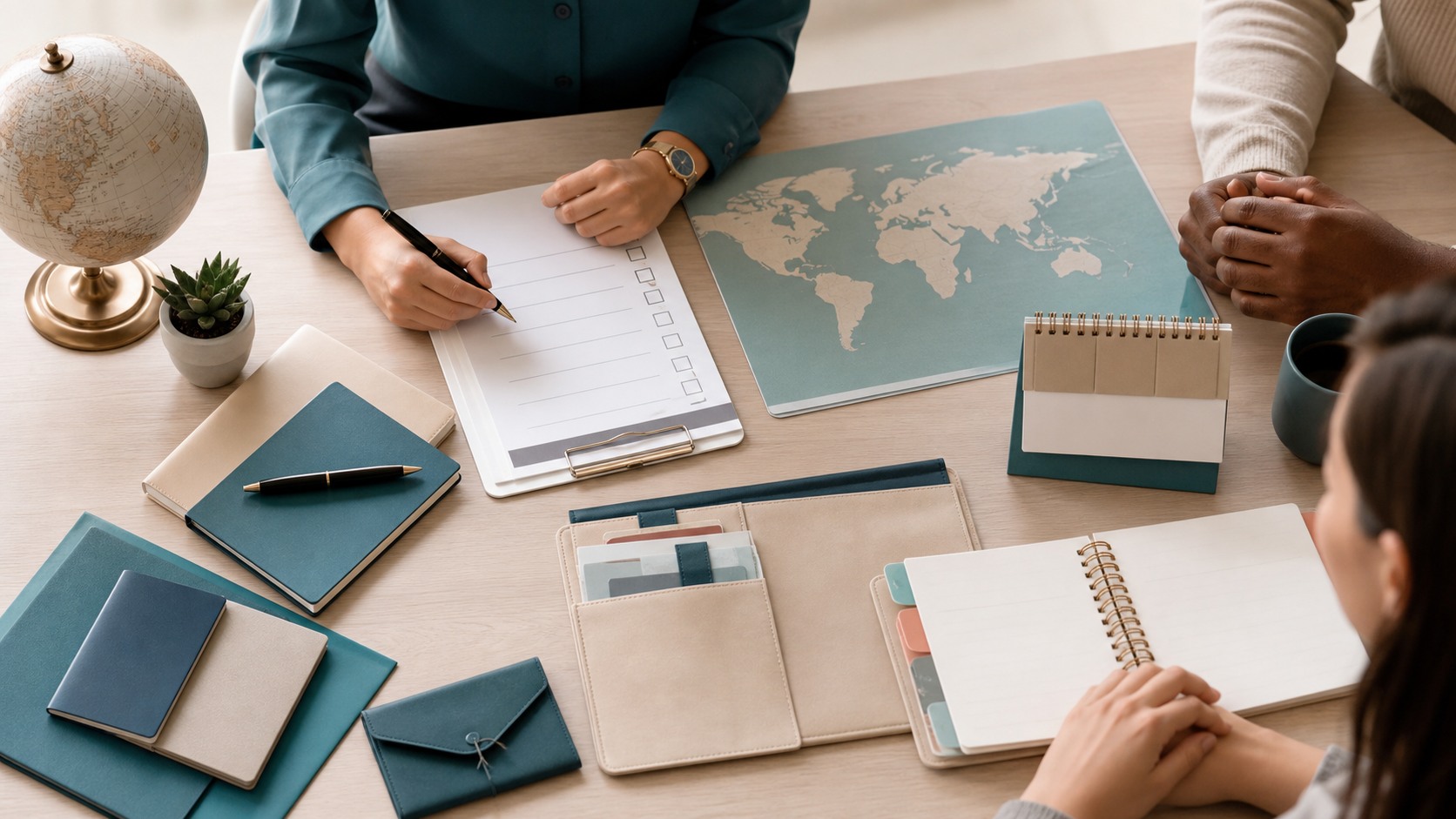 Organized international planning desk with neutral documents and a world map